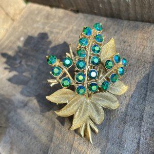 Vintage Rhinestone Pin Blue Green Stones in a Matte Gold Setting
